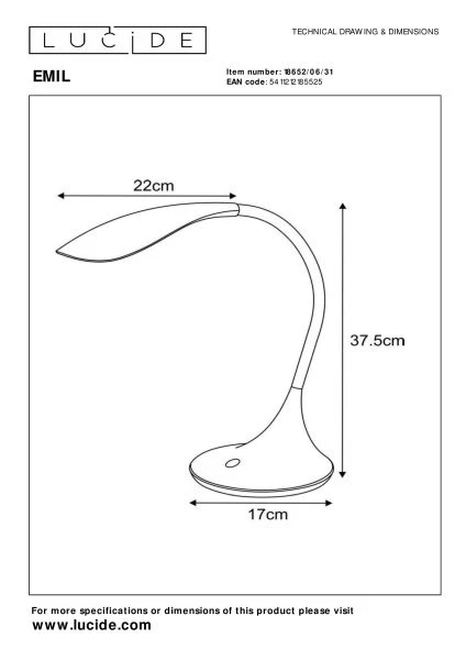 Lucide EMIL - Bureaulamp - LED Dimb. - 1x4,5W 3000K - Wit - technisch